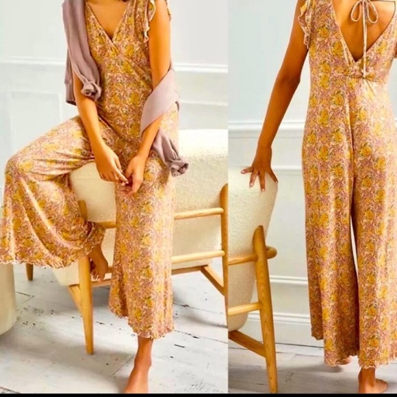 Anthropologie Pants - ANTHROPOLOGIE-Gold & Pink Floral Deep V-Wide Leg Tie Back Knit Jumpsuit-Large